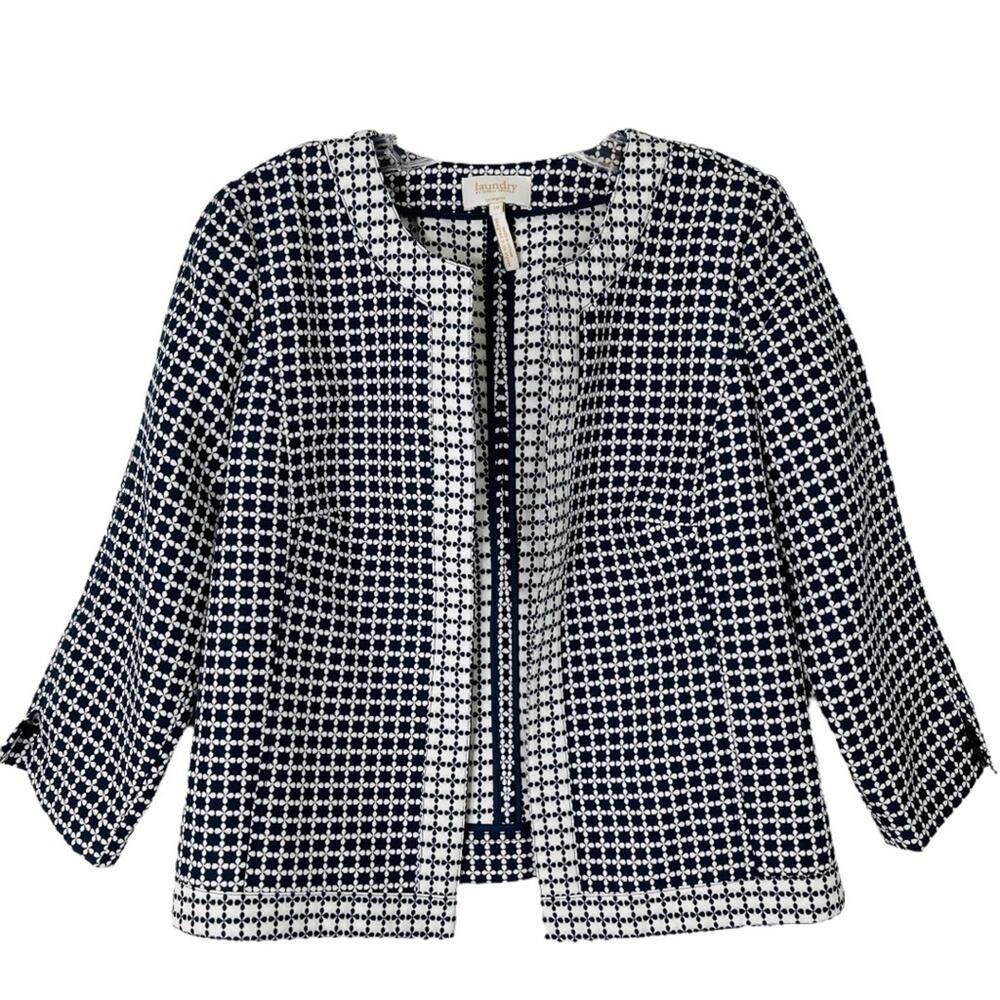 Shelli Segal blue white floral preppy office open front cropped jacket 10